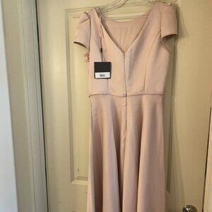 NWT Mac Duggal Rose Pink Satin Puff Shoulder Tea Length Dress size 8